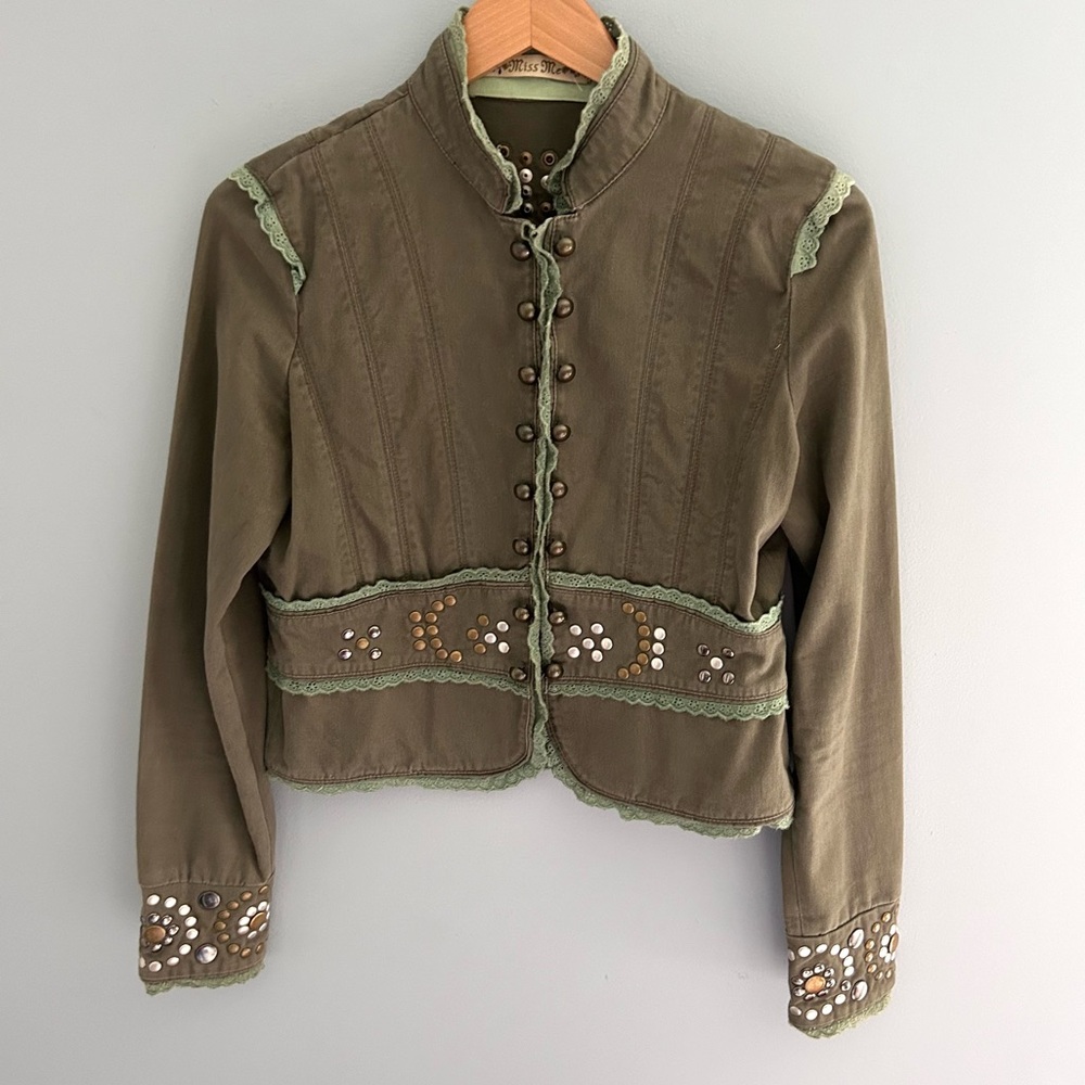 Miss Me Y2K Green Military-Style Studded Army Green Jacket Size Medium - Picture 2 of 7